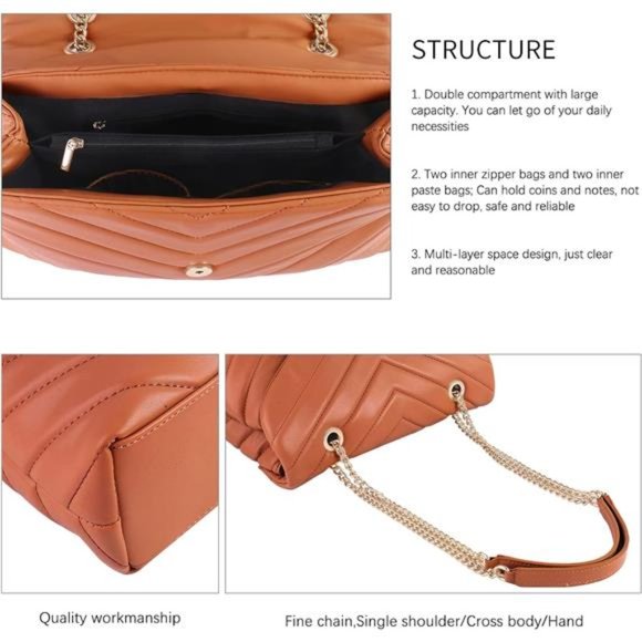 Brown Sleek Adjustable Chain Strap Quilted Crossbody Purse - Picture 7 of 7